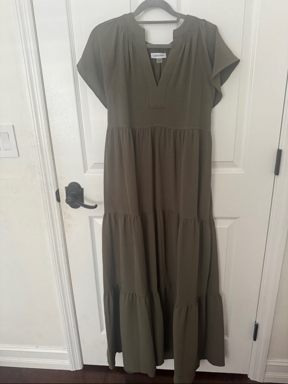 Calvin Klein olive green tiered midi dress 6